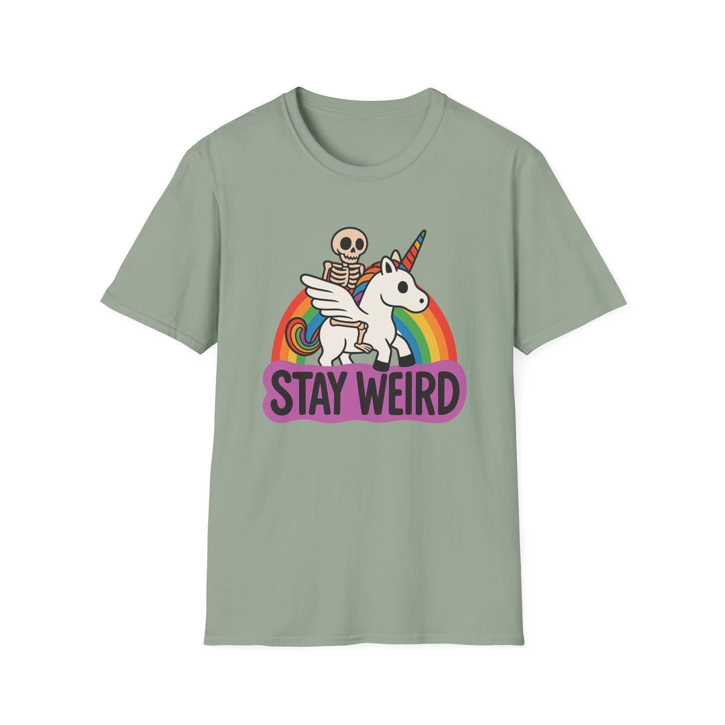 Stay Weird Skeleton Unicorn Shirt – Funny Rainbow Graphic Tee – Whimsical Weirdcore Clothing – Gift for Quirky Friends and Oddball Souls