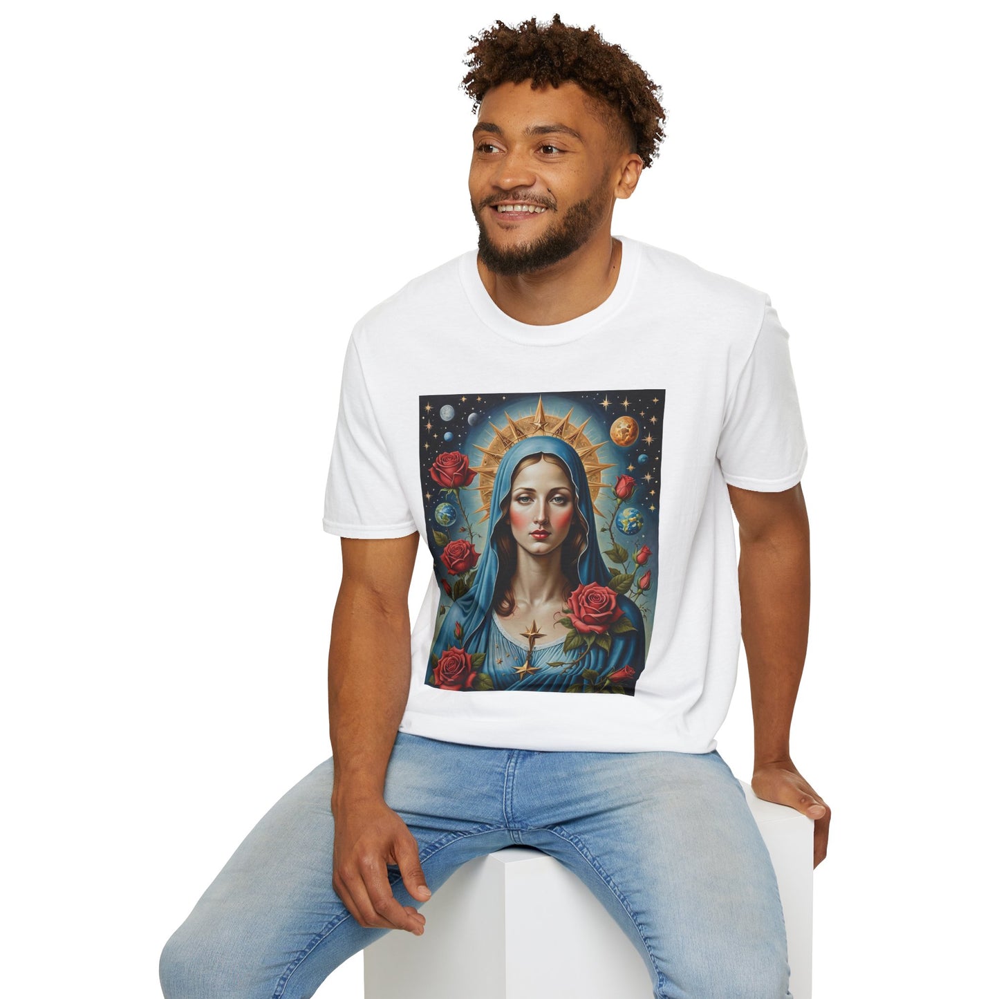 Artistic Virgin Mary T-Shirt, Vintage Graphic Tee, Religious Shirt, Christian Gift, Casual Wear