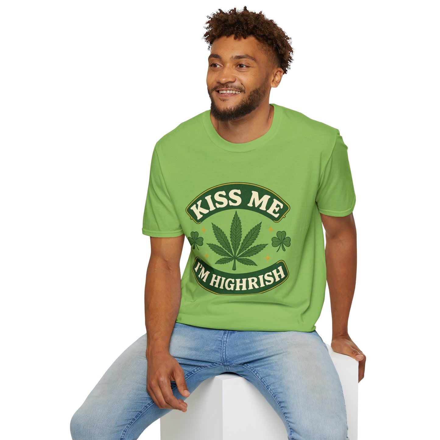 Kiss Me I’m Highrish Shirt – Funny Weed St. Patrick’s Day Tee – Cannabis Leaf Irish Parody Shirt – Gift for Stoner Friends and Green Beer Fans