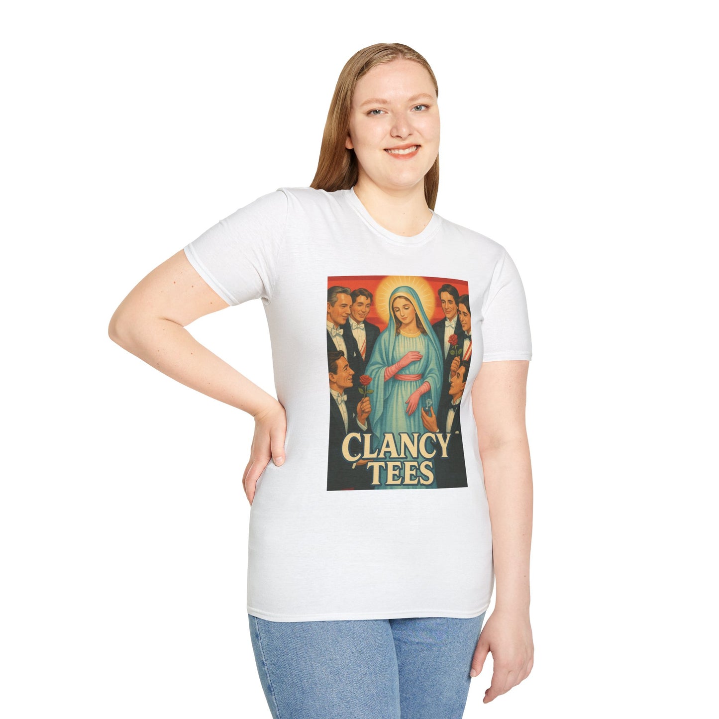 Vintage Madonna Graphic Tee, Unisex Virgin Mary Softstyle T-Shirt, Retro Art Shirt, Gift for Artsy Friends, Festival Attire, Casual Wear