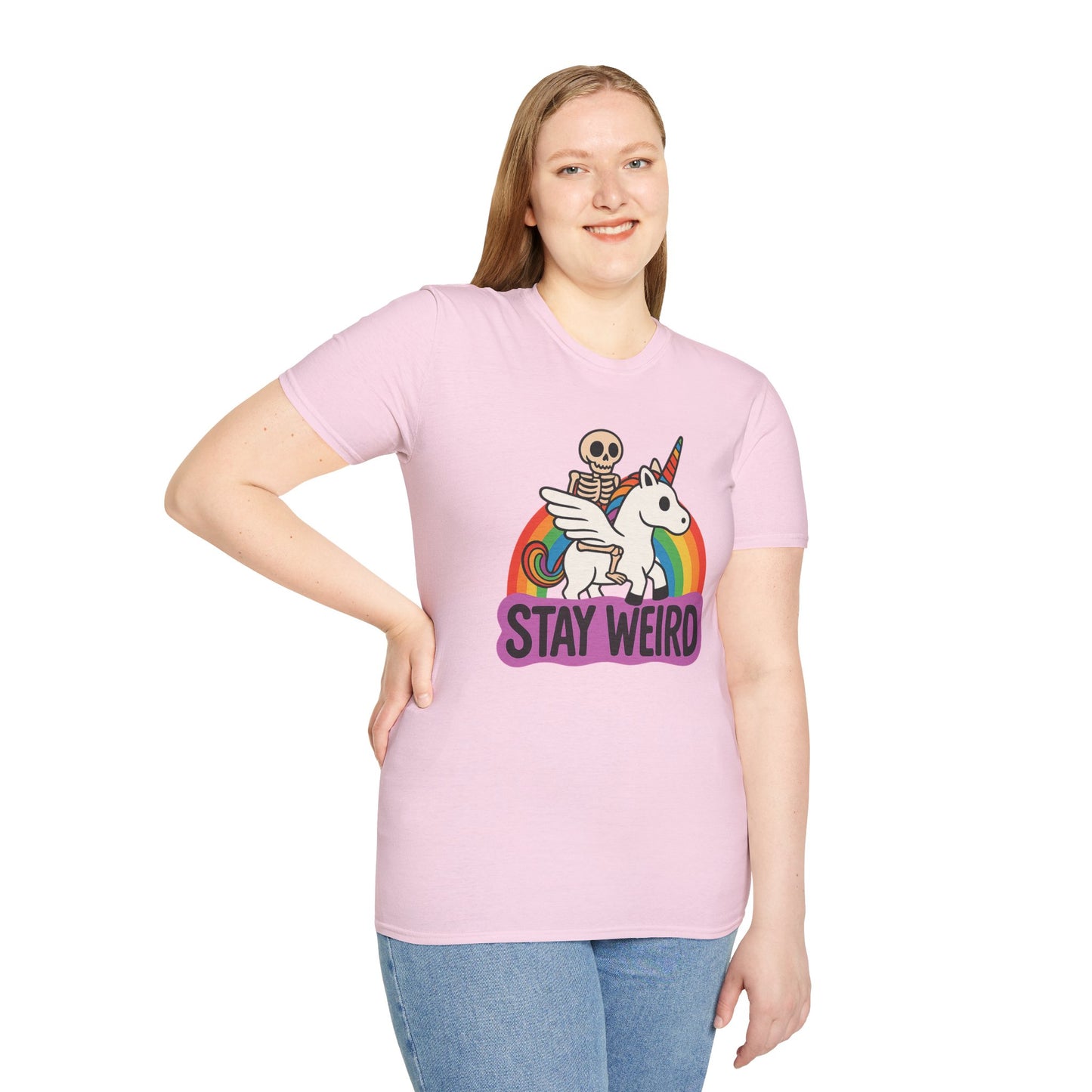 Stay Weird Skeleton Unicorn Shirt – Funny Rainbow Graphic Tee – Whimsical Weirdcore Clothing – Gift for Quirky Friends and Oddball Souls