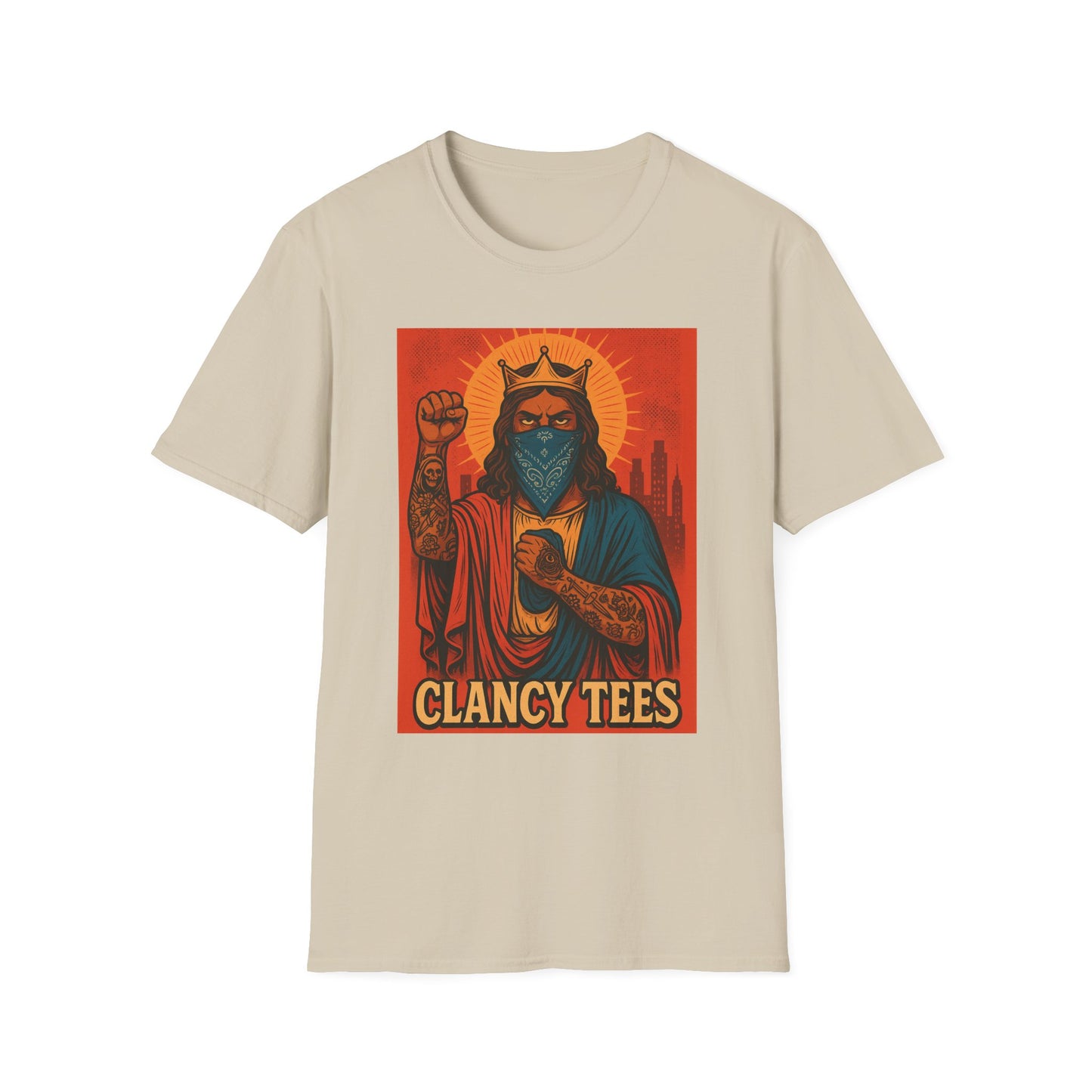 Tattooed Jesus Street Art Shirt – Clancy Tees | Urban Messiah Graphic Tee | Bold Religious Satire Shirt | King of the Block Tee