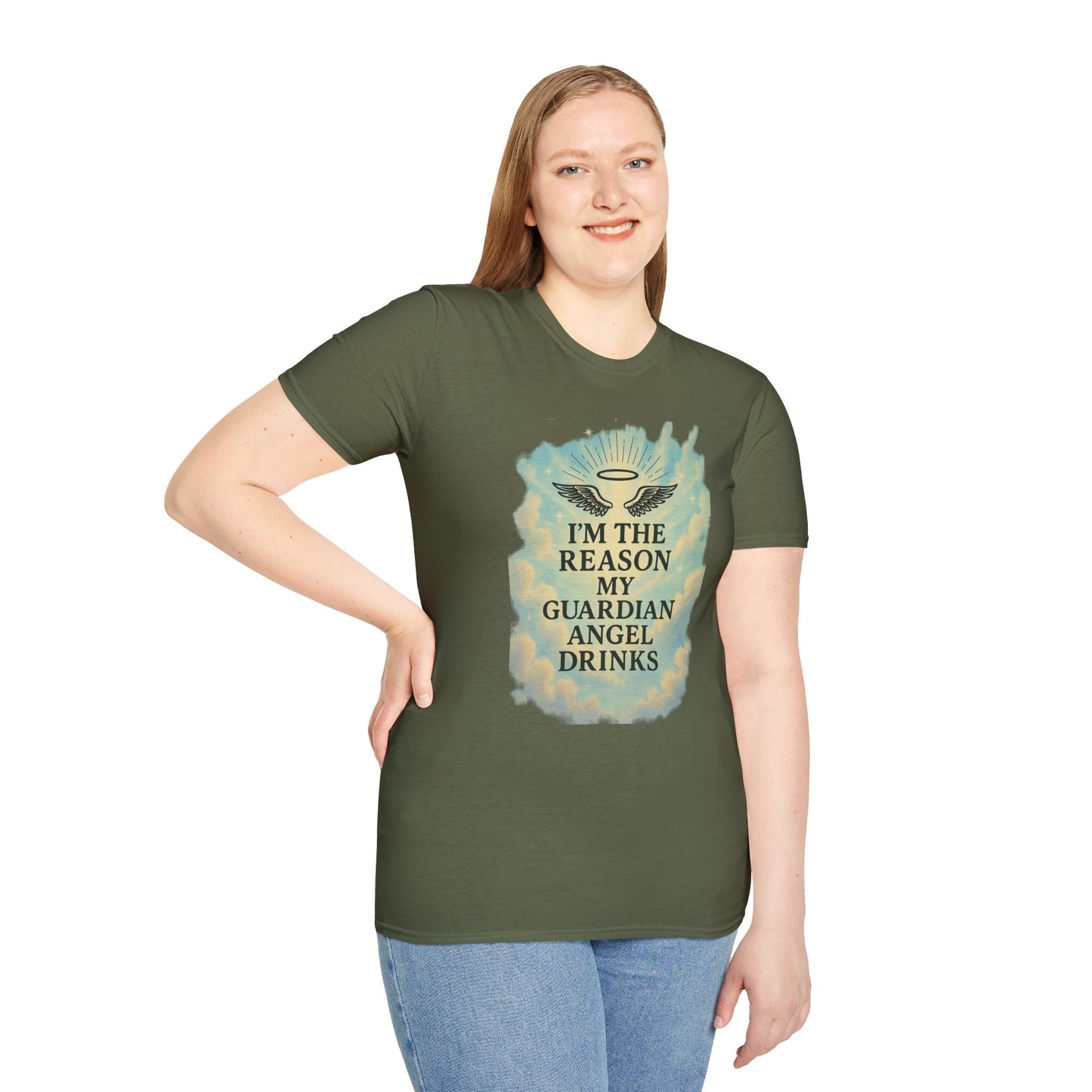 Unisex Softstyle T-Shirt, Funny Guardian Angel Tee, Unique Gift for Friends, Humor Shirt, Casual Wear, Perfect for Holidays