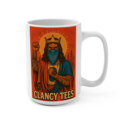 Rebel Jesus Coffee Mug – Bold Street Art 15oz Ceramic Cup, Tattooed Savior Artwork, Gift for Rebellious Coffee Lovers