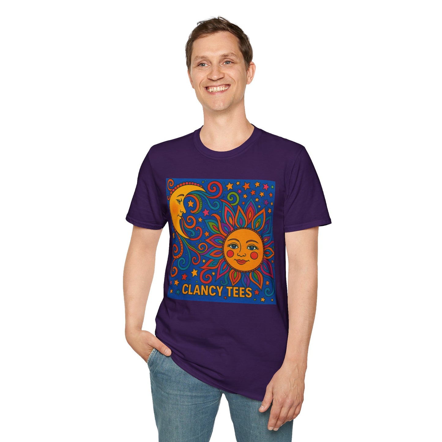 Sun and Moon Vibrant Tee, Unisex Softstyle T-Shirt for Summer Vibes, Boho Fashion, Gift for Her, Festival Wear, Casual Wear