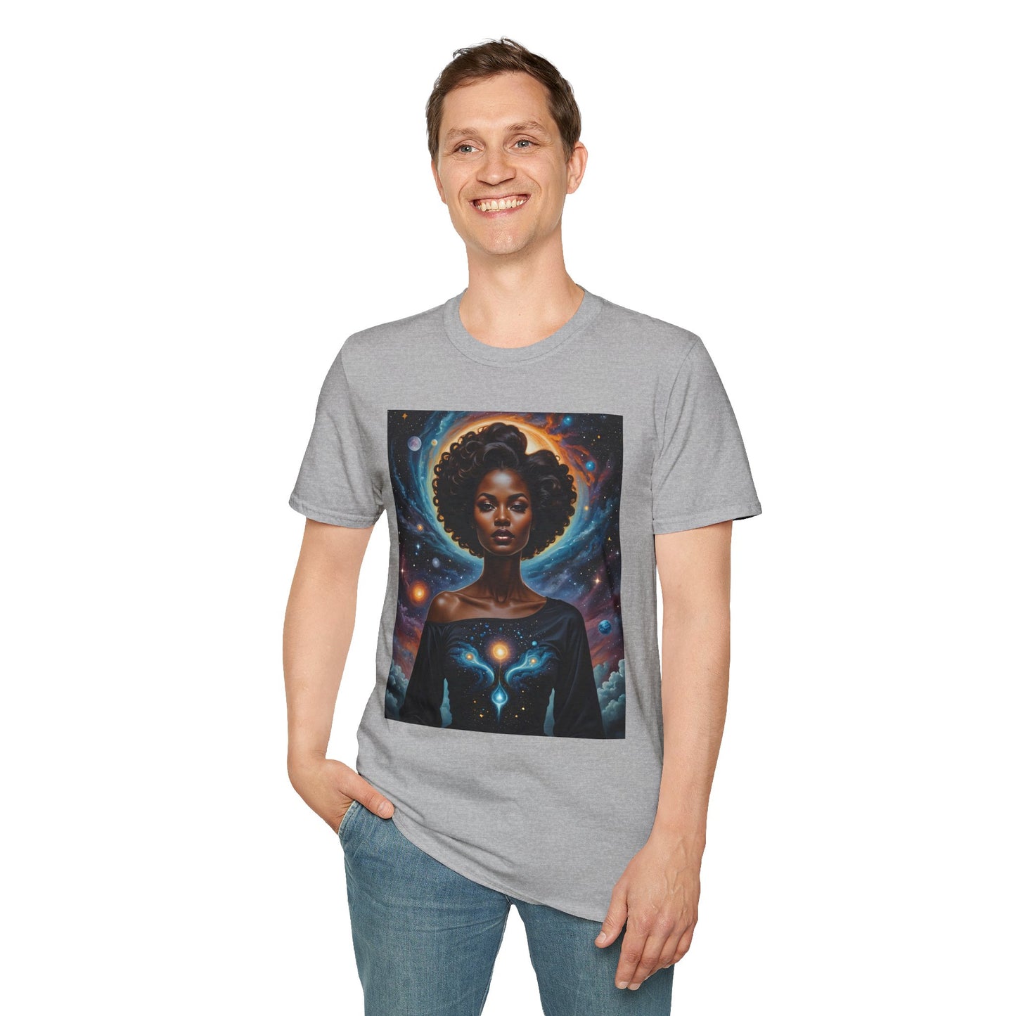 Afrofuturist Cosmic Energy T-Shirt – Celestial Power Graphic Tee, Spiritual Galaxy Shirt, Gift for Astrology Fans, Vibrant Universe Artwork