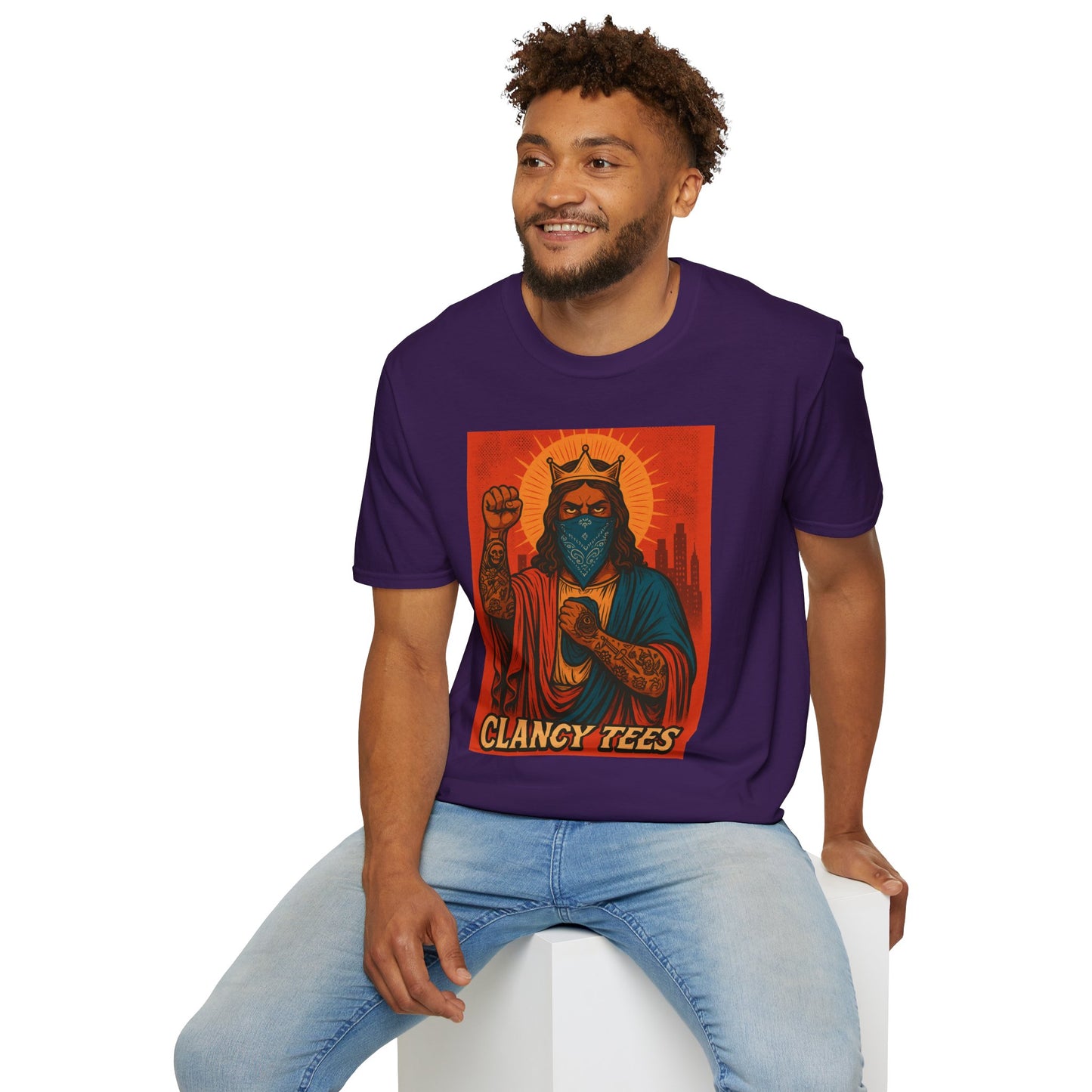 Tattooed Jesus Street Art Shirt – Clancy Tees | Urban Messiah Graphic Tee | Bold Religious Satire Shirt | King of the Block Tee