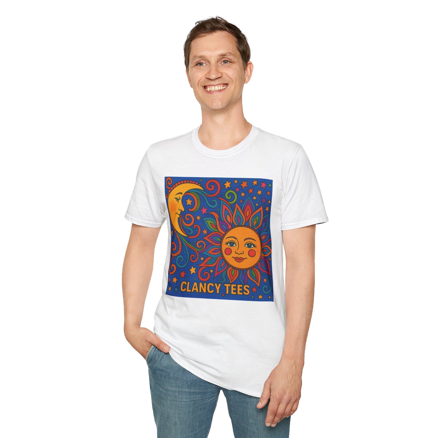 Sun and Moon Vibrant Tee, Unisex Softstyle T-Shirt for Summer Vibes, Boho Fashion, Gift for Her, Festival Wear, Casual Wear