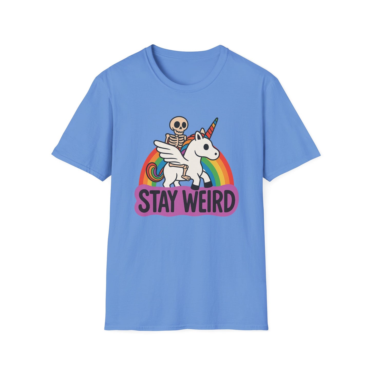 Stay Weird Skeleton Unicorn Shirt – Funny Rainbow Graphic Tee – Whimsical Weirdcore Clothing – Gift for Quirky Friends and Oddball Souls
