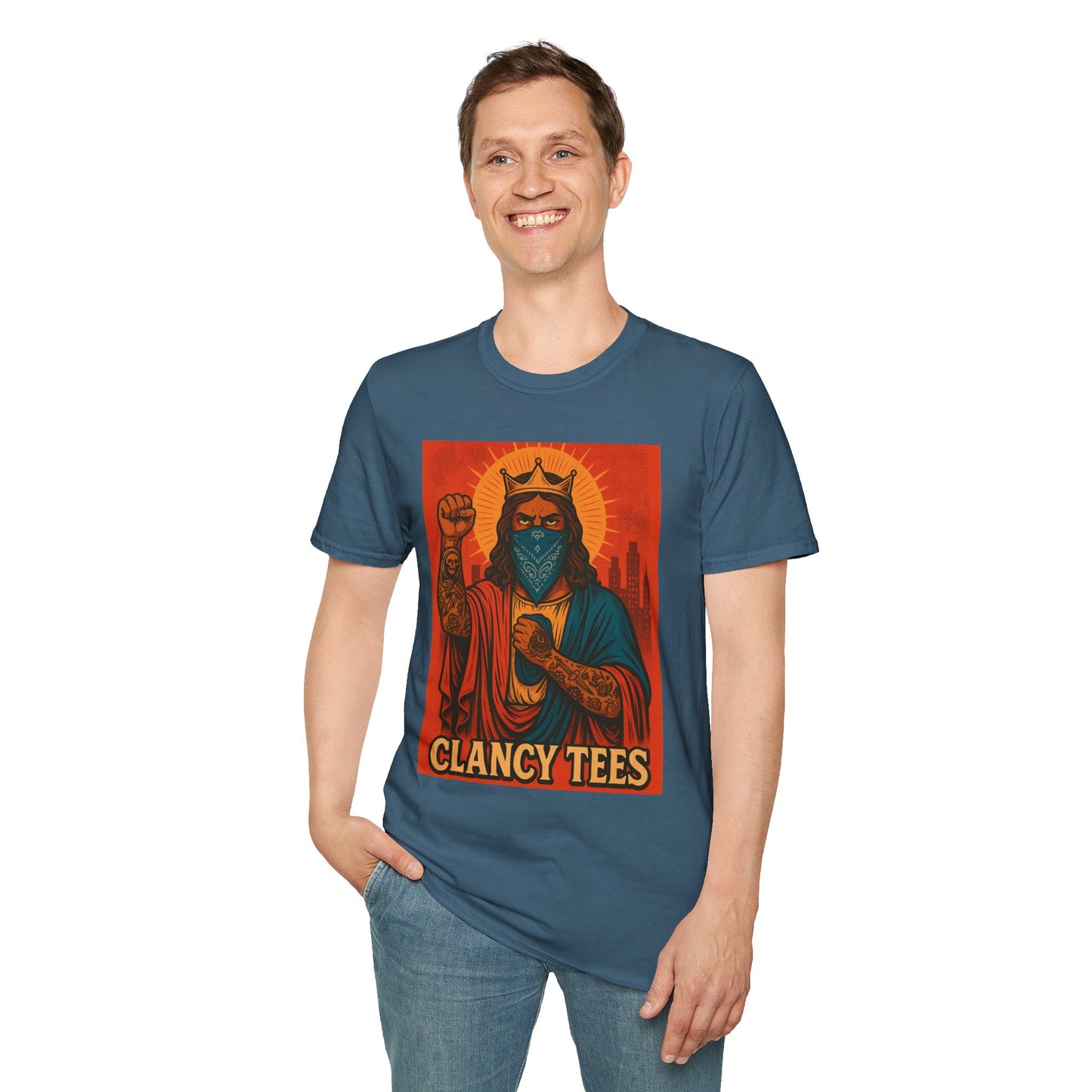 Tattooed Jesus Street Art Shirt – Clancy Tees | Urban Messiah Graphic Tee | Bold Religious Satire Shirt | King of the Block Tee
