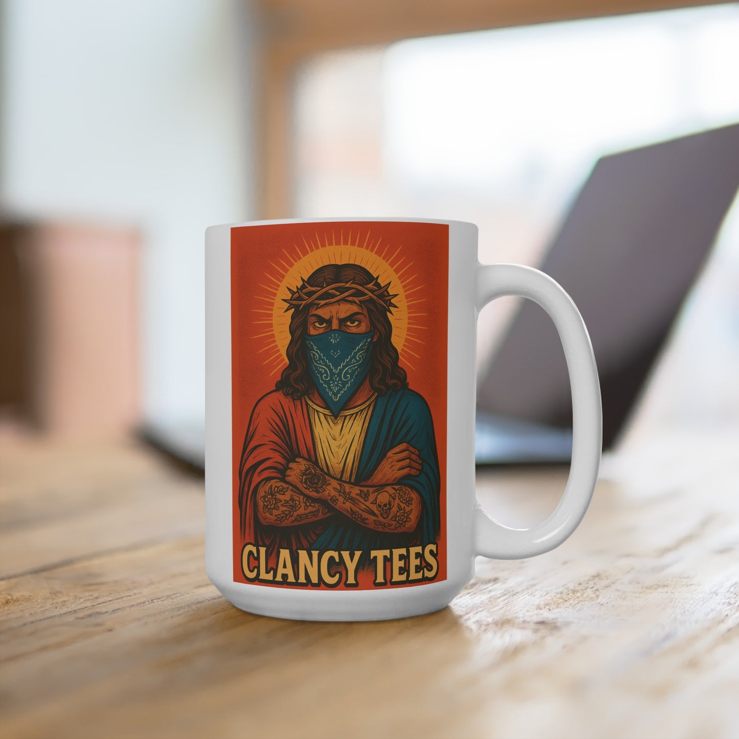 Gangsta Jesus Mug Outlaw Tattoo Artwork Funny Ceramic Coffee Cup Gift for Dark Humor Fans