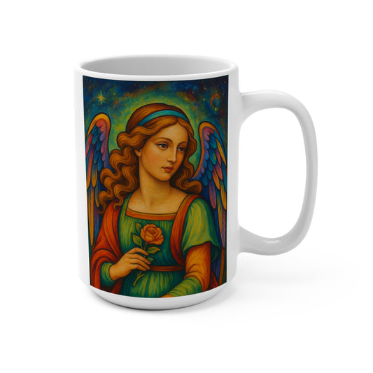 Angel With Rose Mug Vibrant 15oz Ceramic Coffee Cup Gift For Spiritual Friends And Art Lovers