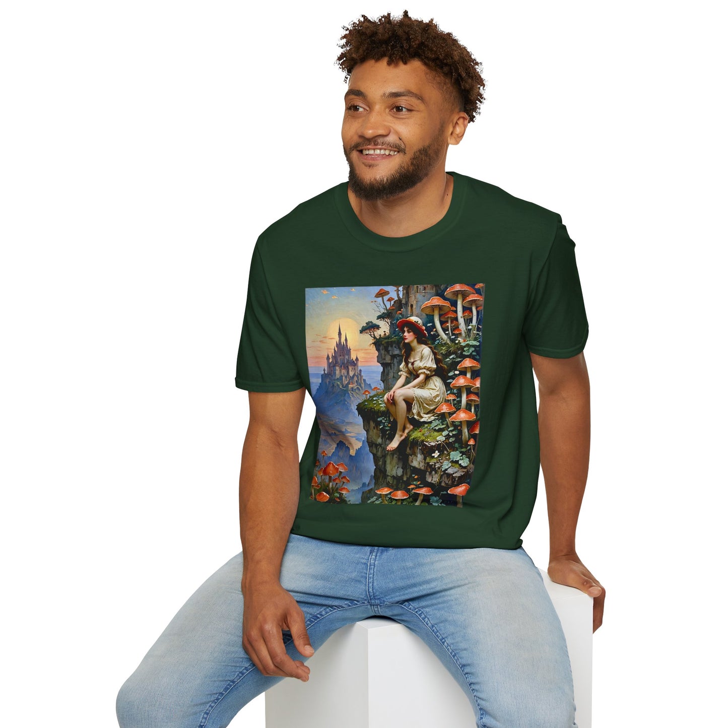 Fantasy Mushroom Fairy T-Shirt Enchanted Castle Cliffside Tee Surreal Magic Art Shirt Gift for Fantasy Fans Gift for Dreamers Psychedelic Nature Tee