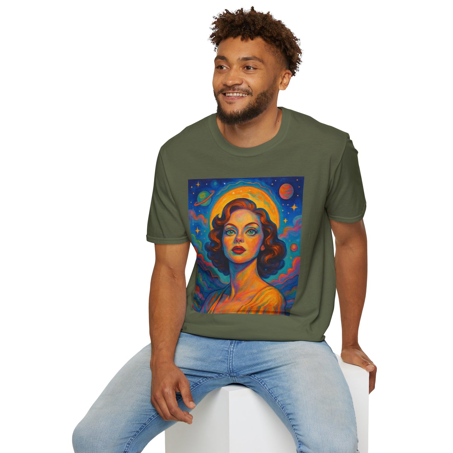 Retro Space Girl T Shirt Vintage Sci Fi Beauty Psychedelic Pop Art Galaxy Babe Tee Gift for Star Gazers Cosmic Fashion Astronaut Dreamwear