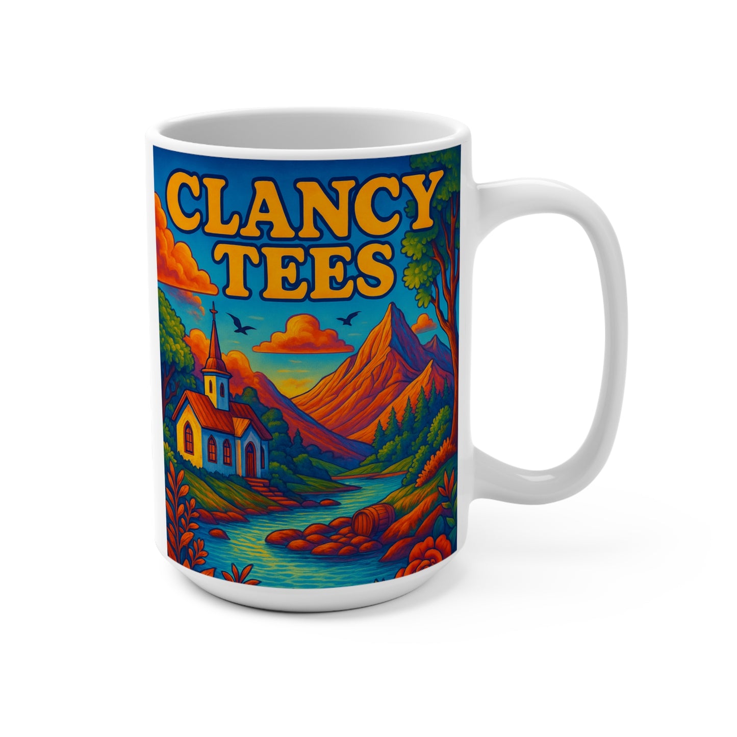 Colorful Mountain Landscape Coffee Mug Retro Church River Artwork Ceramic Cup Psychedelic Nature Scene Gift for Outdoors Lovers Unique Drinkware