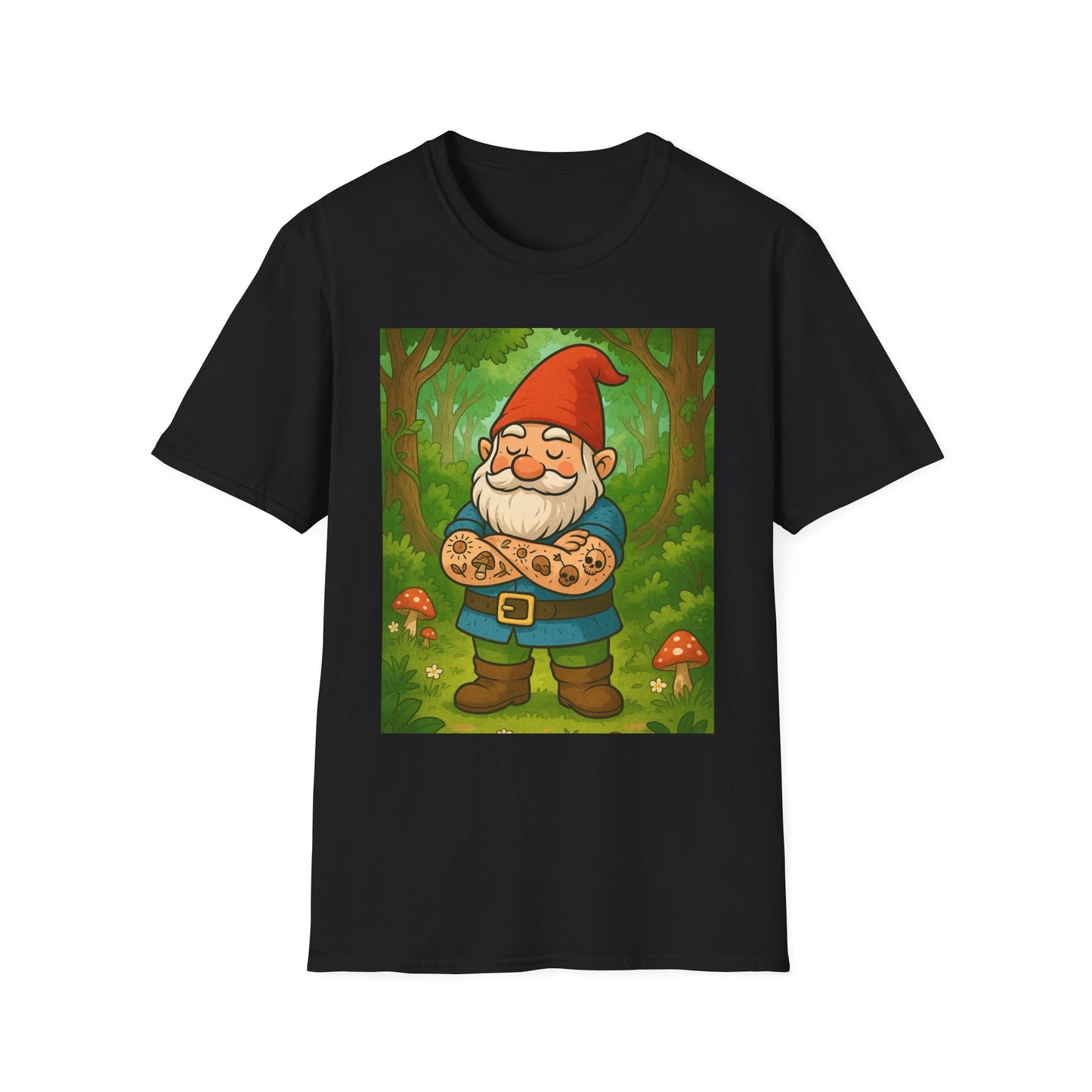 Tattooed Gnome T-Shirt – Funny Forest Inked Gnome Tee – Whimsical Tattoo Garden Shirt Gift for Mushroom Lovers, Gardeners, and Fantasy Fans