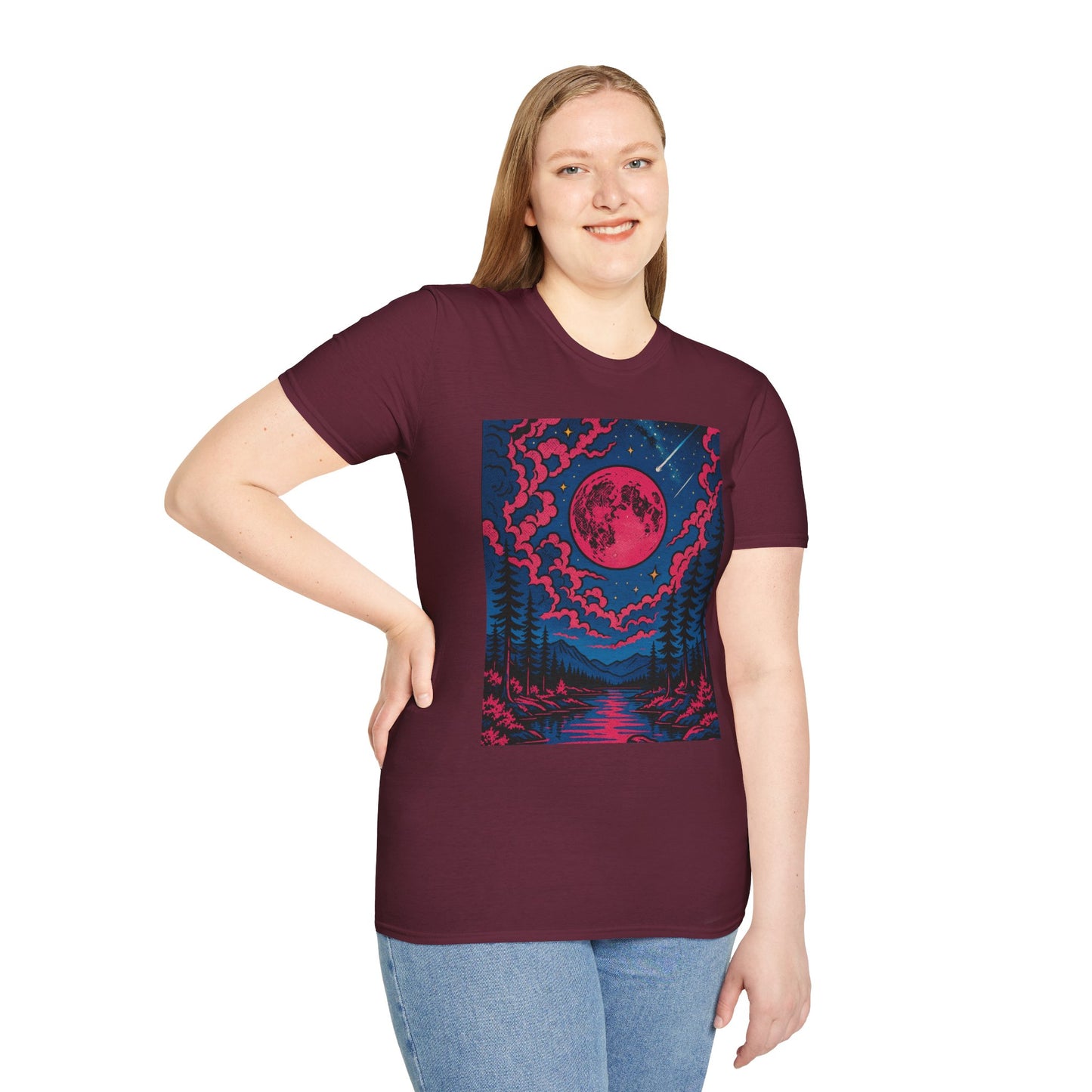 Trippy Red Moon Forest T-Shirt – Surreal Nature Graphic Tee • Psychedelic Night Sky Shirt • Gildan Softstyle® Unisex • Gift for Nature Lovers