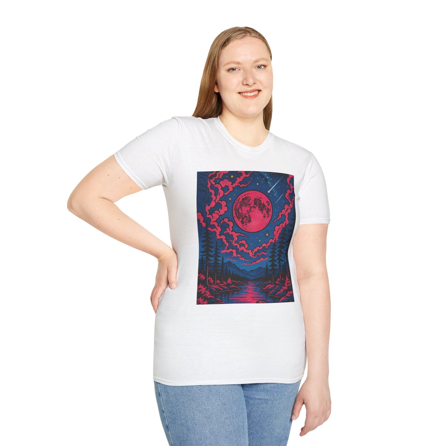 Trippy Red Moon Forest T-Shirt – Surreal Nature Graphic Tee • Psychedelic Night Sky Shirt • Gildan Softstyle® Unisex • Gift for Nature Lovers