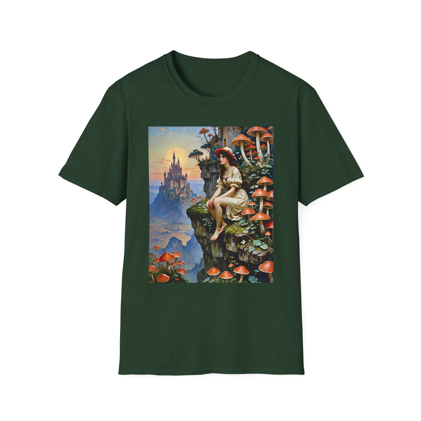 Fantasy Mushroom Fairy T-Shirt Enchanted Castle Cliffside Tee Surreal Magic Art Shirt Gift for Fantasy Fans Gift for Dreamers Psychedelic Nature Tee