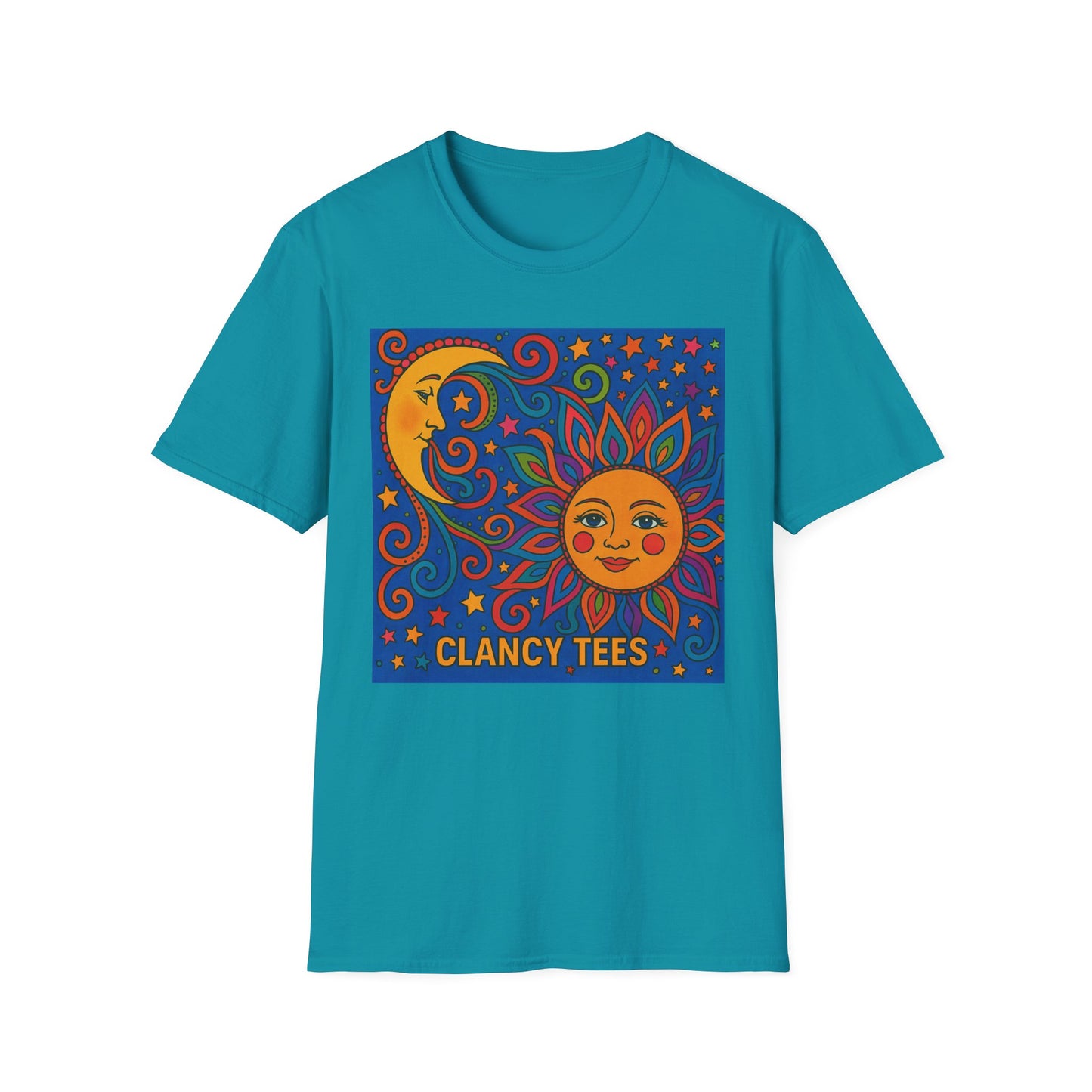 Sun and Moon Vibrant Tee, Unisex Softstyle T-Shirt for Summer Vibes, Boho Fashion, Gift for Her, Festival Wear, Casual Wear