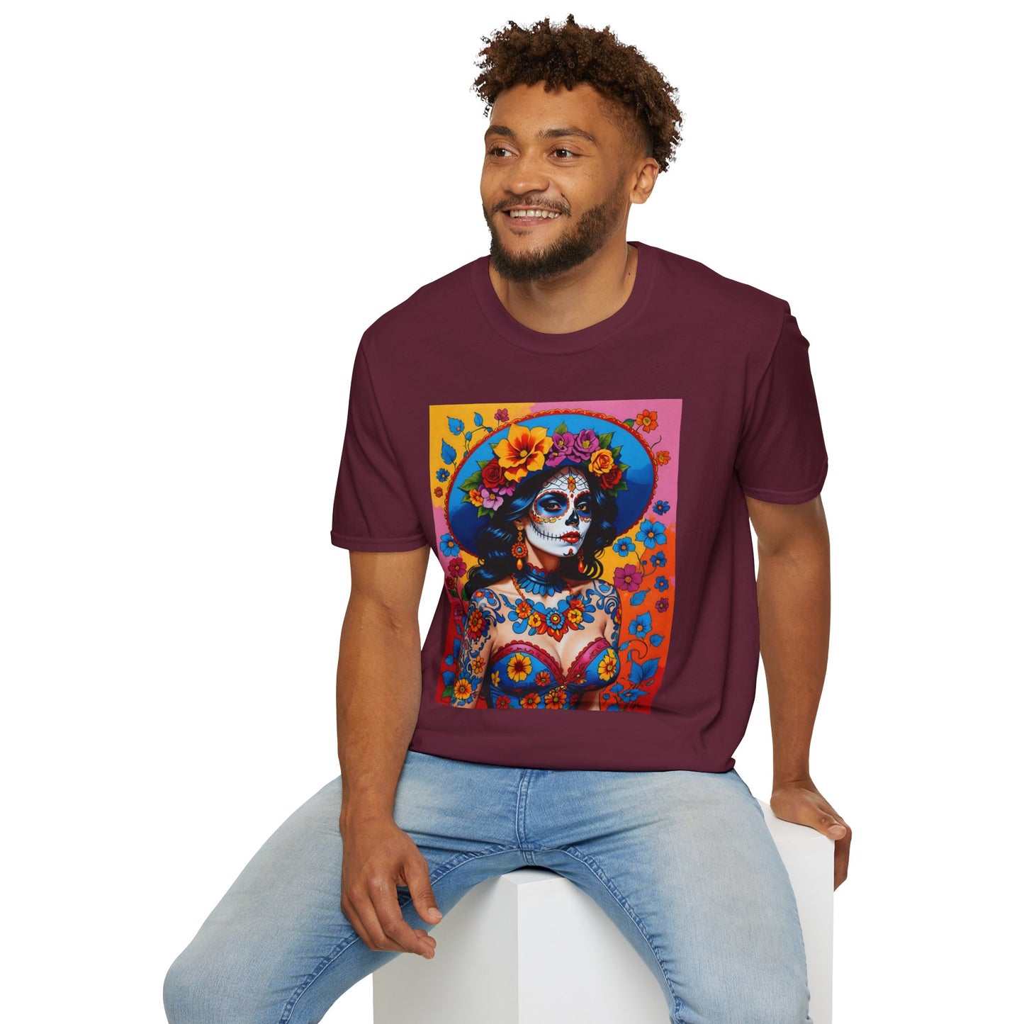 Sugar Skull T-Shirt – Día de los Muertos Art Tee – Gift for Goth Aesthetic Fans, Colorful Skull Lovers, and Tattoo-Inspired Fashion