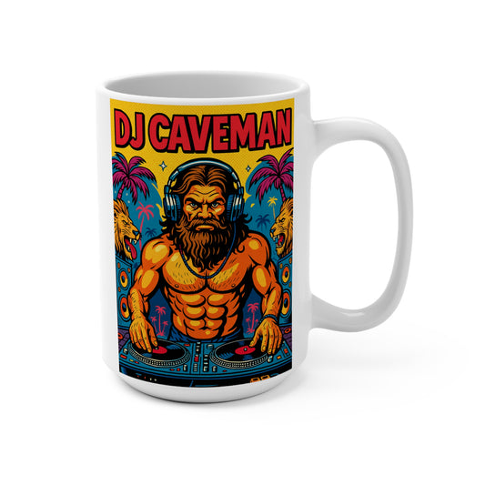 DJ Caveman Mug – Funny Coffee Cup With Prehistoric DJ Artwork, Retro Party Gift For Music Lovers