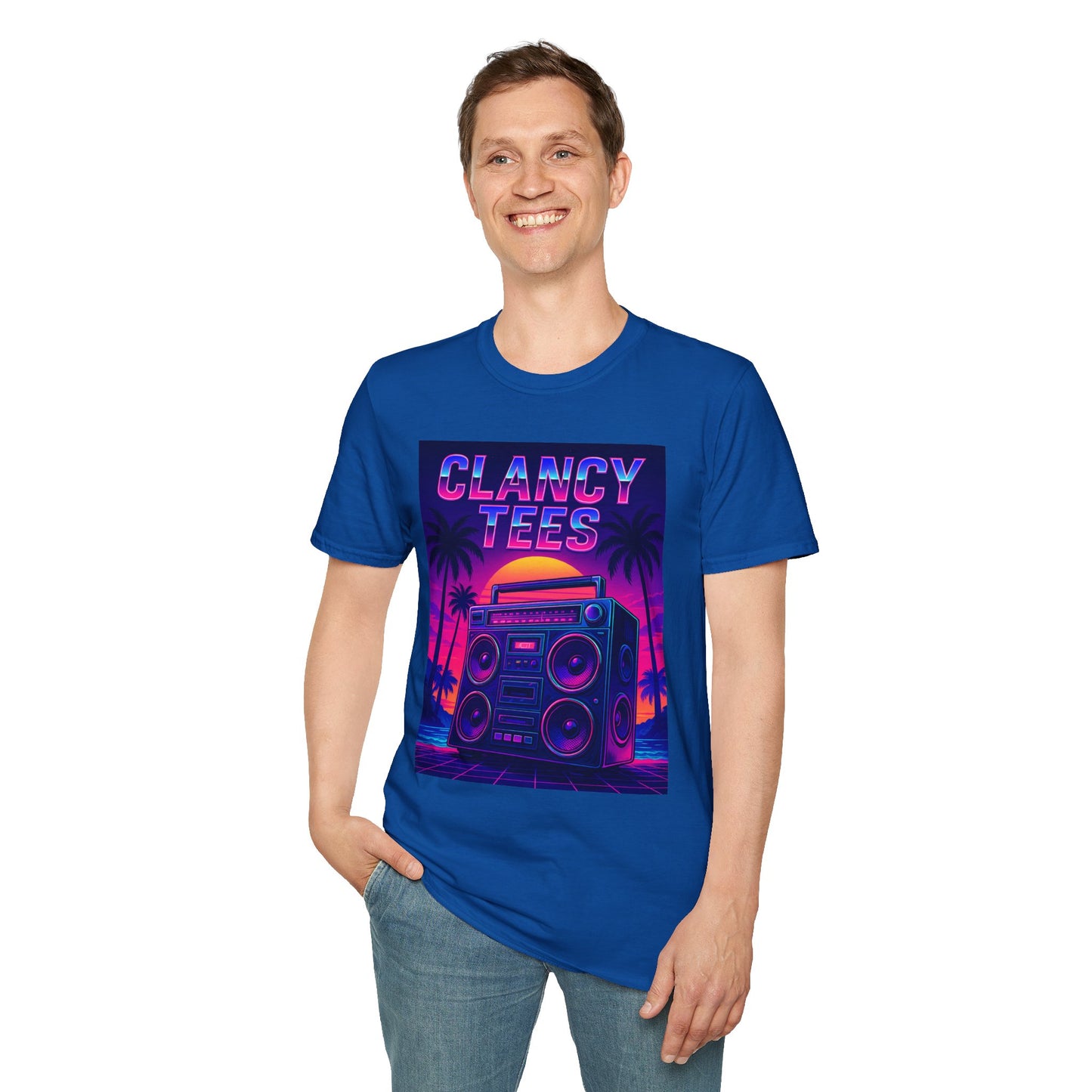 Retro Boombox Sunset Tee – Vaporwave Clancy Tees Shirt – Gift for 80s Kids, Music Lovers, Synthwave Fans & Nostalgic Neon Dreamers