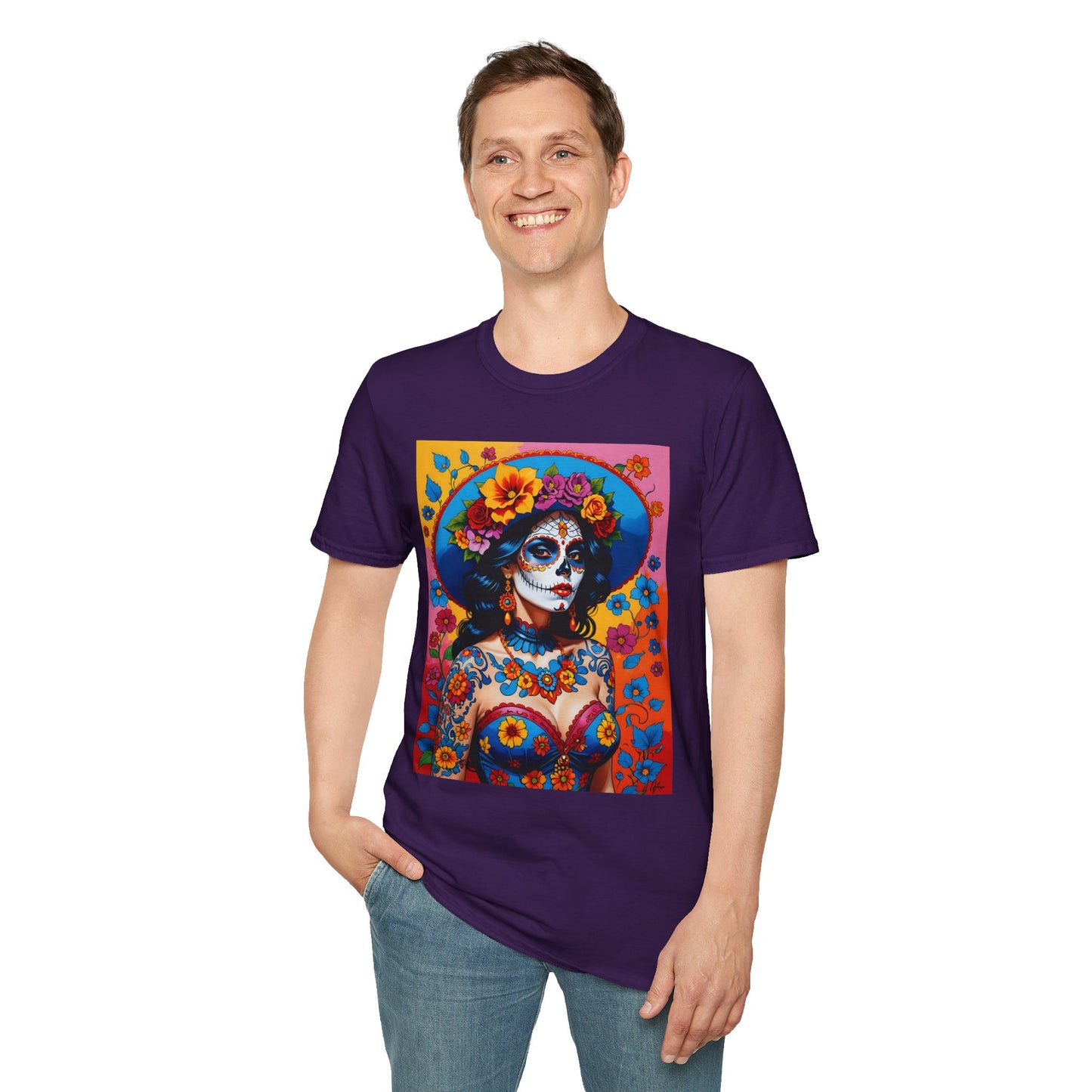 Sugar Skull T-Shirt – Día de los Muertos Art Tee – Gift for Goth Aesthetic Fans, Colorful Skull Lovers, and Tattoo-Inspired Fashion