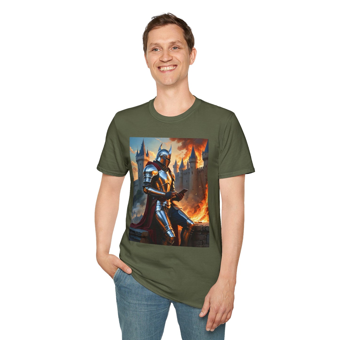 Knight in Burning Castle Shirt – Dark Fantasy Armor Tee – Gift for RPG Fans, Medieval Nerds, and Apocalyptic History Buffs