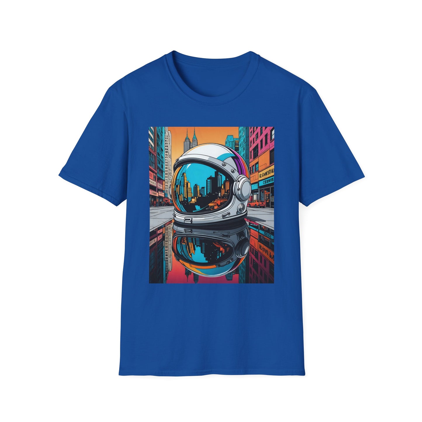 City Astronaut Reflection T-Shirt – Urban Space Art Tee – Gift for Sci-Fi Fans, Streetwear Addicts, and Cosmic Daydreamers