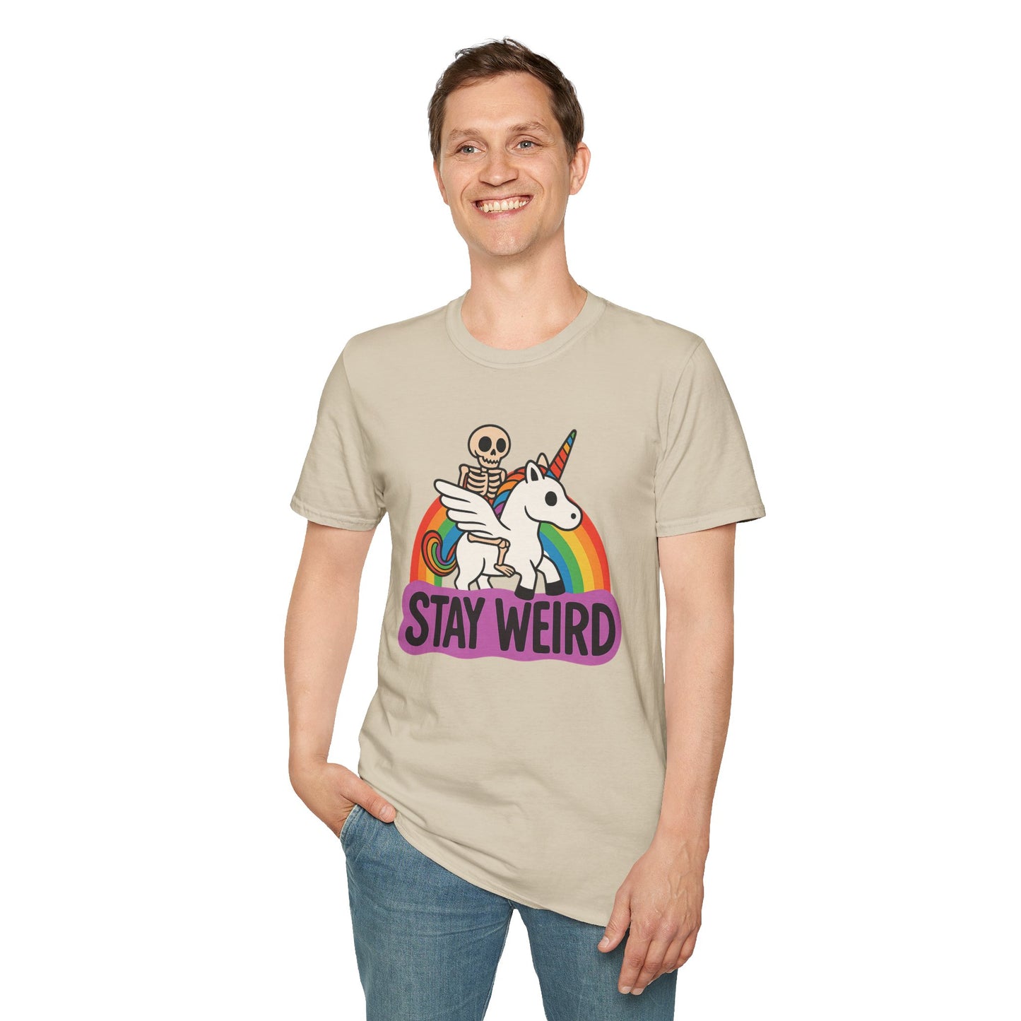 Stay Weird Skeleton Unicorn Shirt – Funny Rainbow Graphic Tee – Whimsical Weirdcore Clothing – Gift for Quirky Friends and Oddball Souls