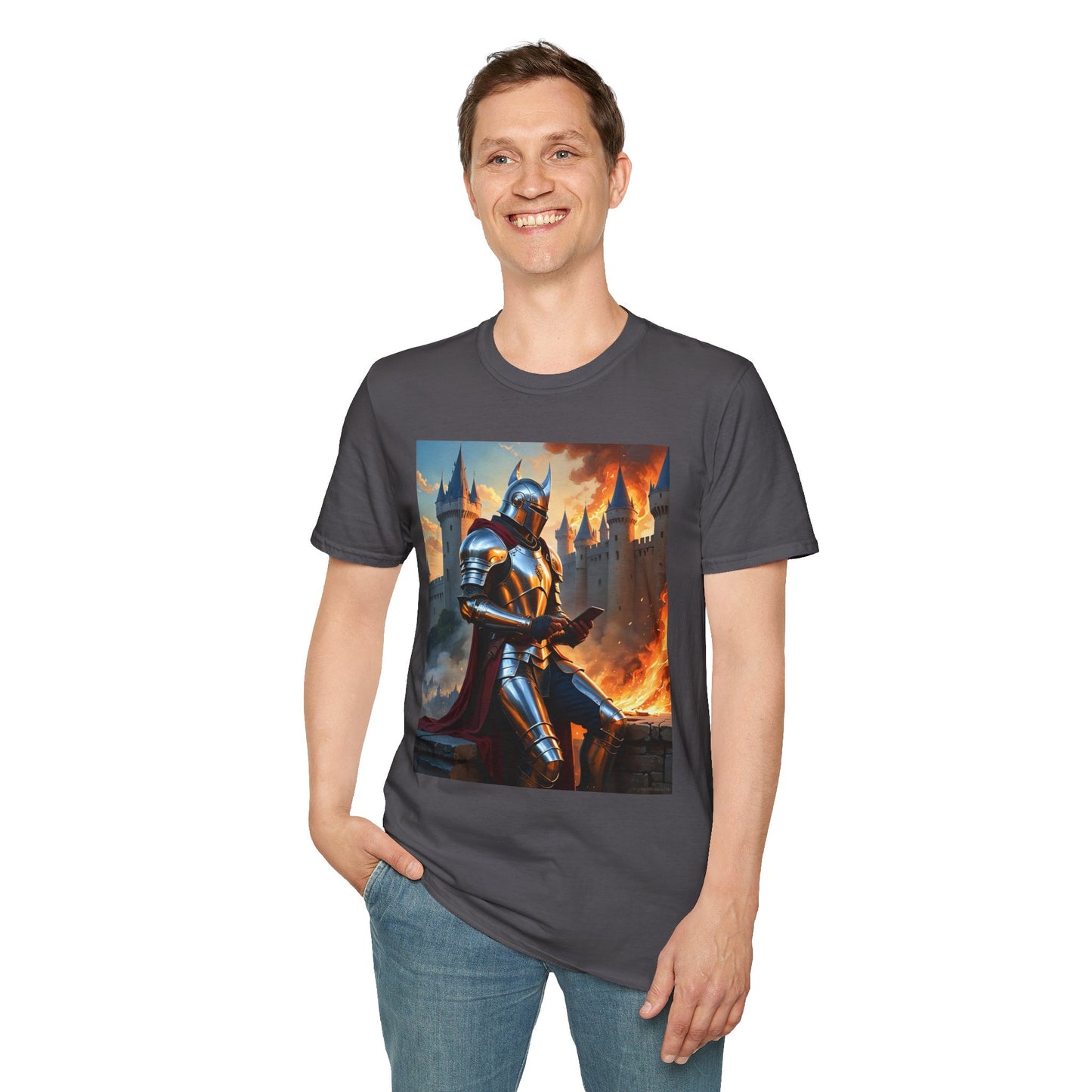 Knight in Burning Castle Shirt – Dark Fantasy Armor Tee – Gift for RPG Fans, Medieval Nerds, and Apocalyptic History Buffs