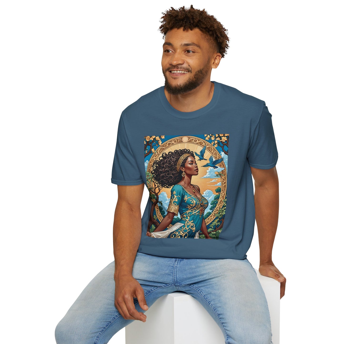 Bohemian Goddess T-Shirt, Unisex Softstyle Tee, Nature-Inspired Apparel, Gift for Women, Artistic Graphic Shirt, Eco-Friendly Fashion