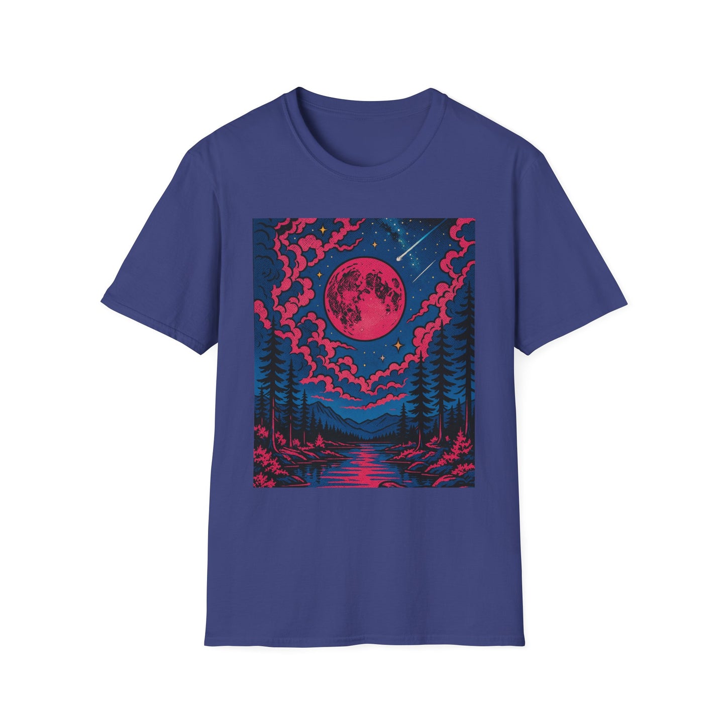 Trippy Red Moon Forest T-Shirt – Surreal Nature Graphic Tee • Psychedelic Night Sky Shirt • Gildan Softstyle® Unisex • Gift for Nature Lovers