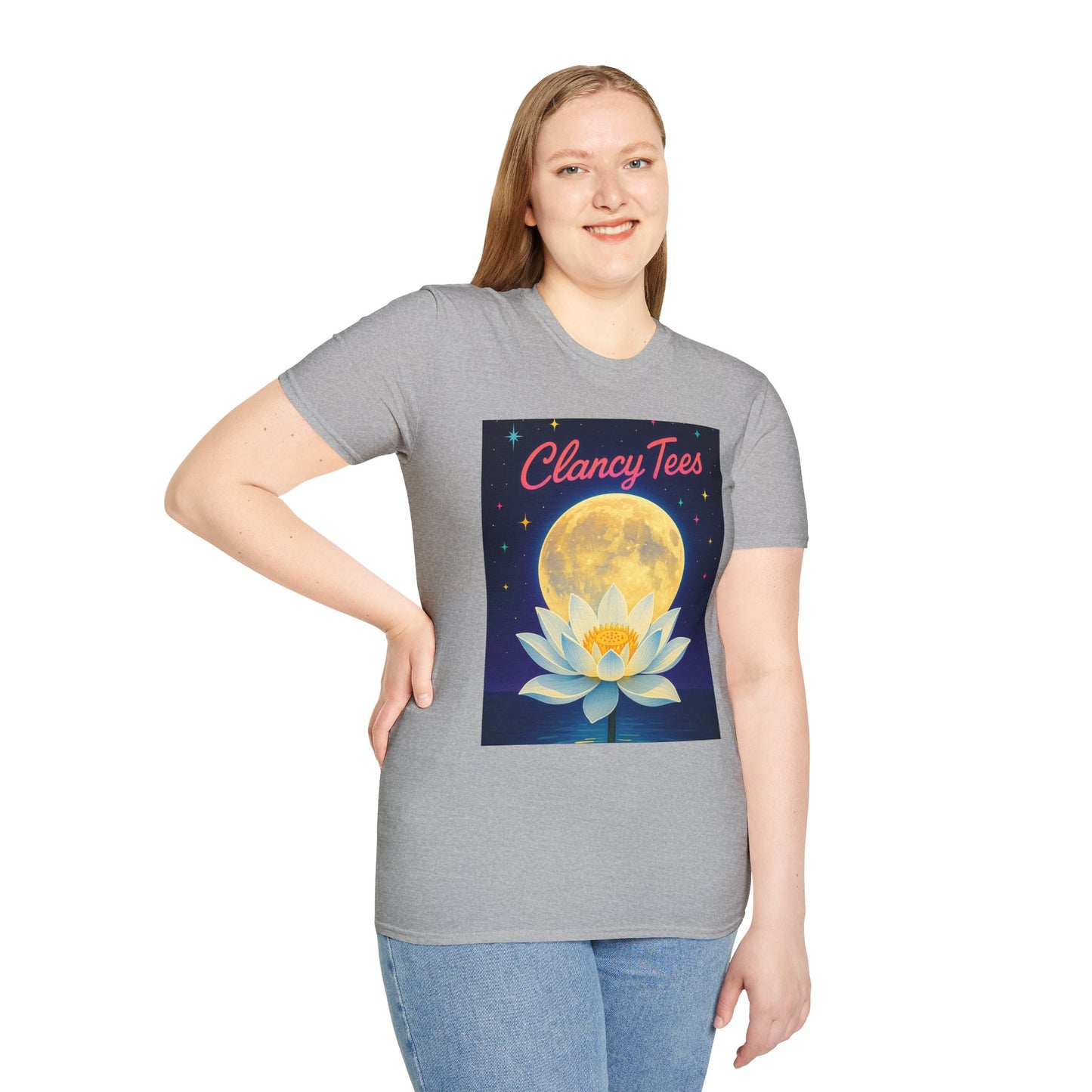Moon Lotus Clancy Tees Shirt – Ethereal Floral T-Shirt with Full Moon Art – Gift for Nature Lovers, Yogis, Dreamers & Spiritual Aesthetic Fans