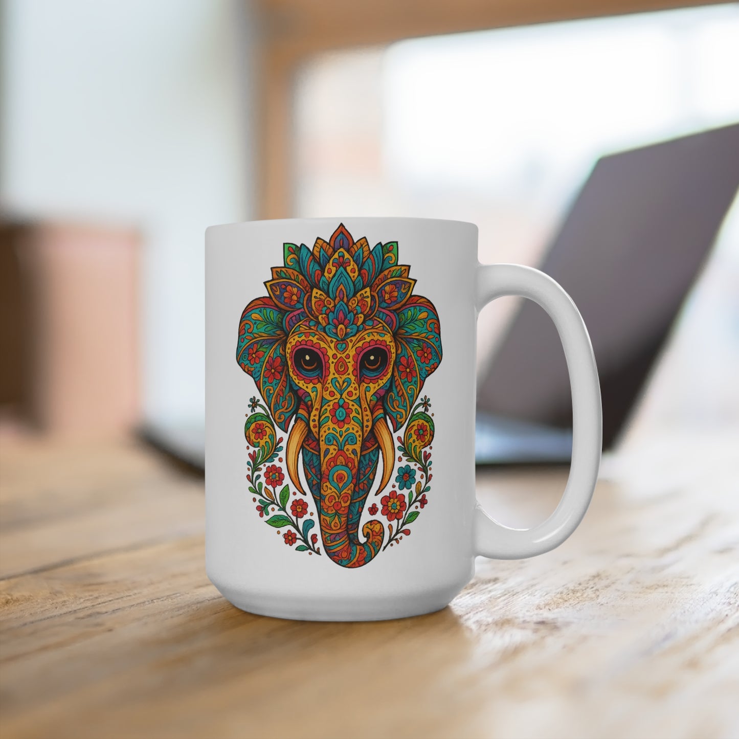 Bohemian Elephant Mug – Psychedelic Tribal Coffee Cup With Mandala Art, Spiritual Jungle Drinkware, Gift for Yoga and Meditation Fans