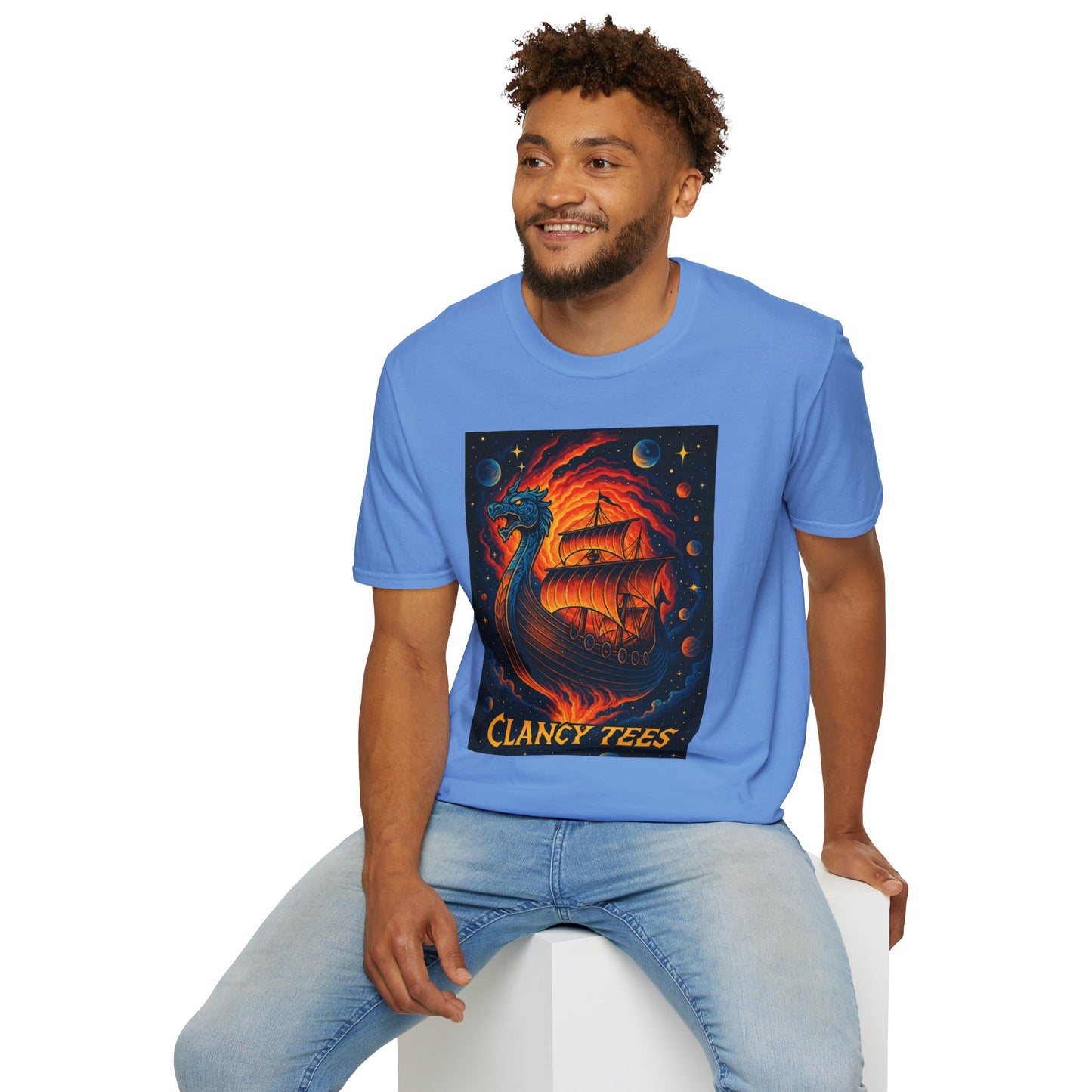 Viking Ship Dragon Shirt – Trippy Norse Mythology Tee with Fiery Cosmic Art – Bold Fantasy Graphic – Gift for Myth Lovers and Warrior Souls