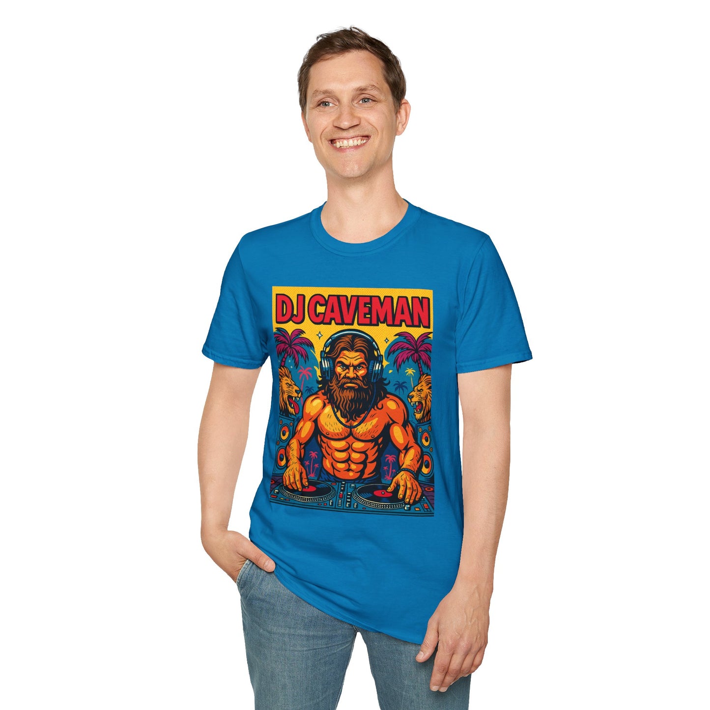 DJ Caveman T-Shirt Funny Rave Party Tee | Prehistoric Clubbing Shirt for Music Lovers | Gift for DJs and EDM Fans | Caveman Aesthetic Shirt