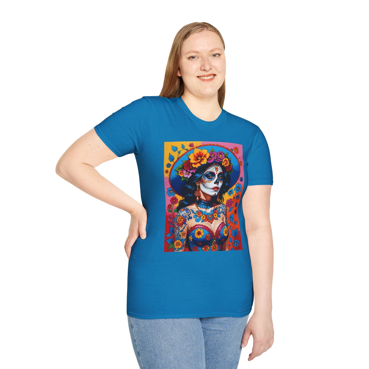 Sugar Skull T-Shirt – Día de los Muertos Art Tee – Gift for Goth Aesthetic Fans, Colorful Skull Lovers, and Tattoo-Inspired Fashion