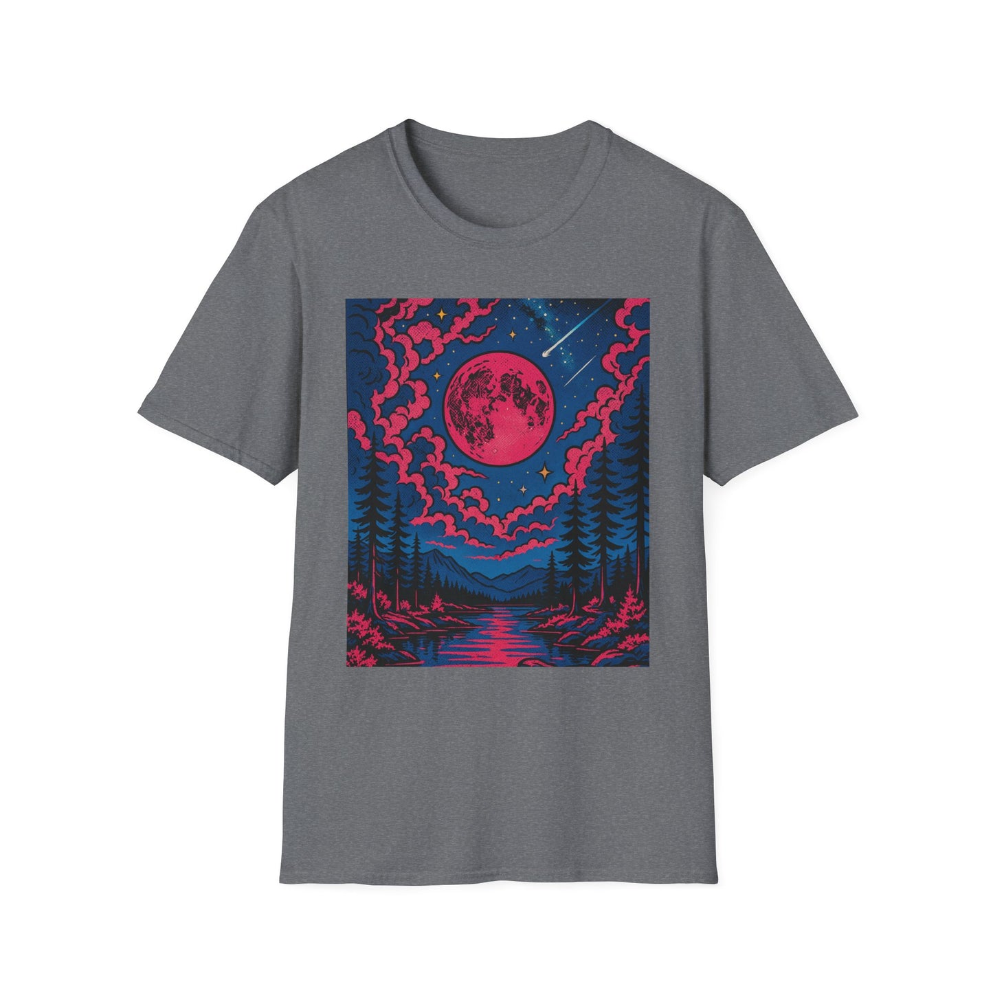 Trippy Red Moon Forest T-Shirt – Surreal Nature Graphic Tee • Psychedelic Night Sky Shirt • Gildan Softstyle® Unisex • Gift for Nature Lovers