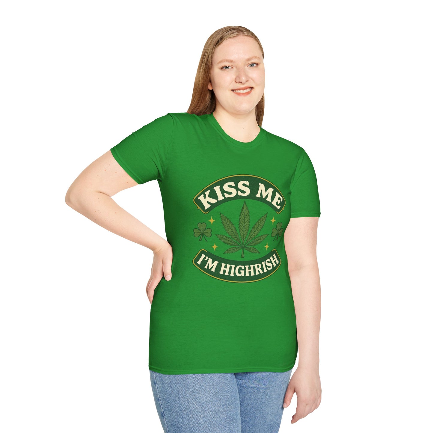 Kiss Me I’m Highrish Shirt – Funny Weed St. Patrick’s Day Tee – Cannabis Leaf Irish Parody Shirt – Gift for Stoner Friends and Green Beer Fans