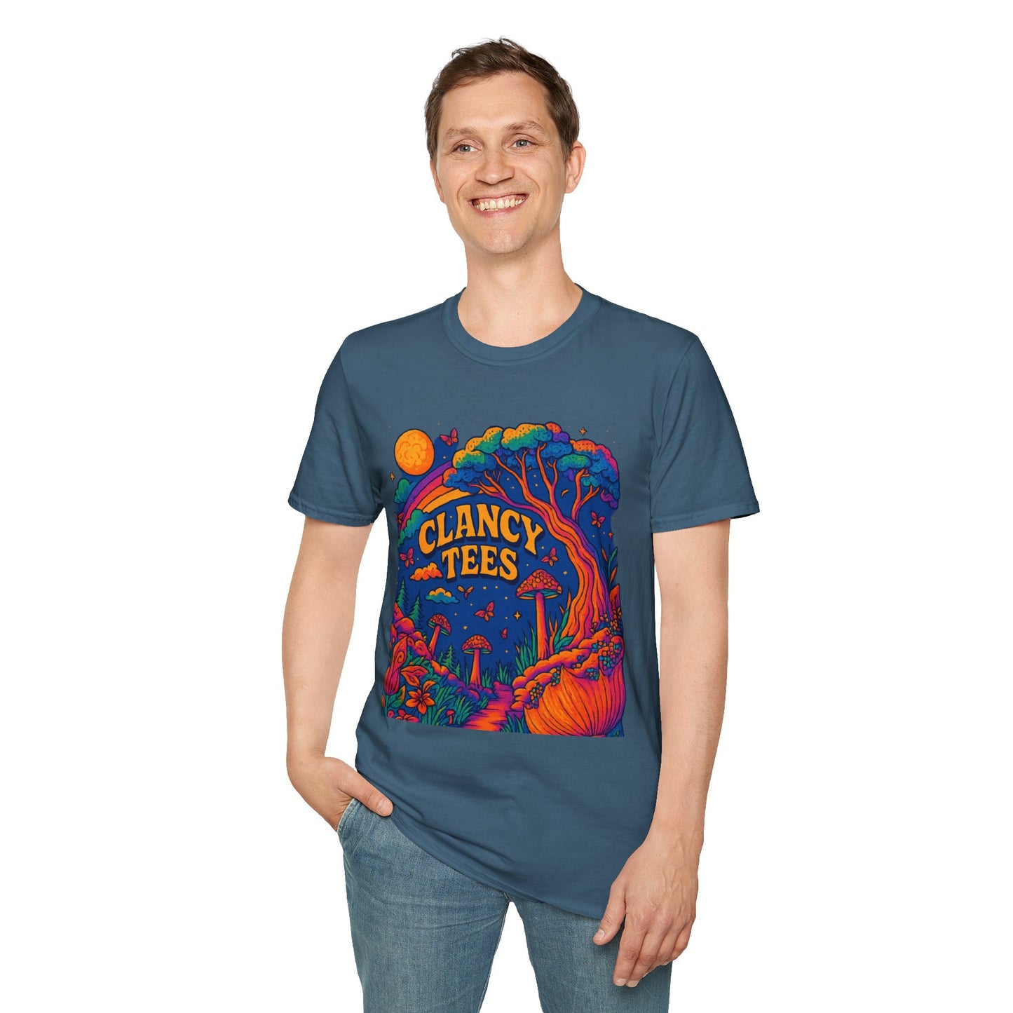 Colorful Nature-Themed Unisex Softstyle T-Shirt - Bohemian Vibe, Perfect for Festivals, Gift for Nature Lovers, Casual Wear, Clancy Tees