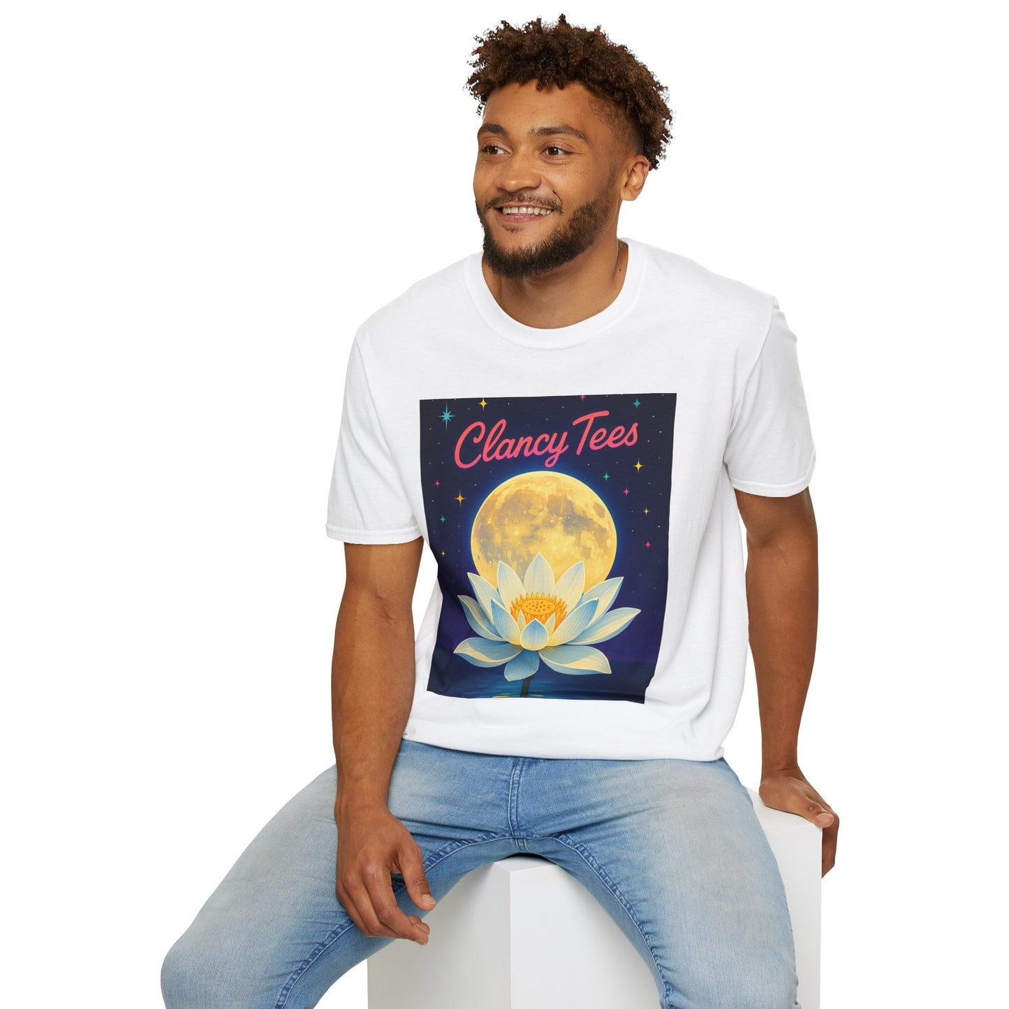 Moon Lotus Clancy Tees Shirt – Ethereal Floral T-Shirt with Full Moon Art – Gift for Nature Lovers, Yogis, Dreamers & Spiritual Aesthetic Fans