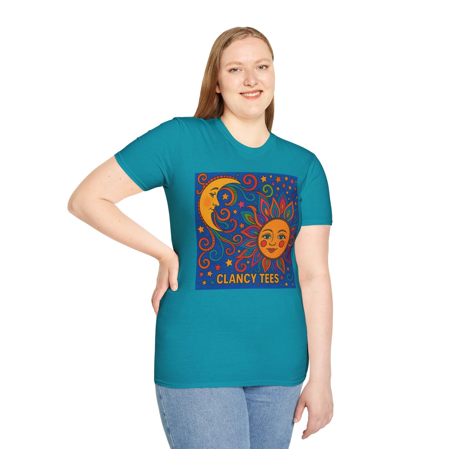 Sun and Moon Vibrant Tee, Unisex Softstyle T-Shirt for Summer Vibes, Boho Fashion, Gift for Her, Festival Wear, Casual Wear