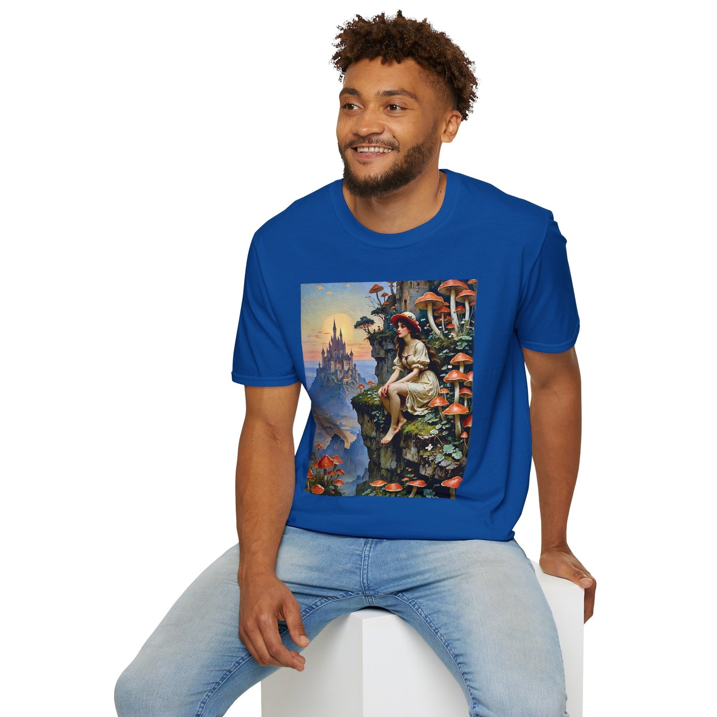 Fantasy Mushroom Fairy T-Shirt Enchanted Castle Cliffside Tee Surreal Magic Art Shirt Gift for Fantasy Fans Gift for Dreamers Psychedelic Nature Tee