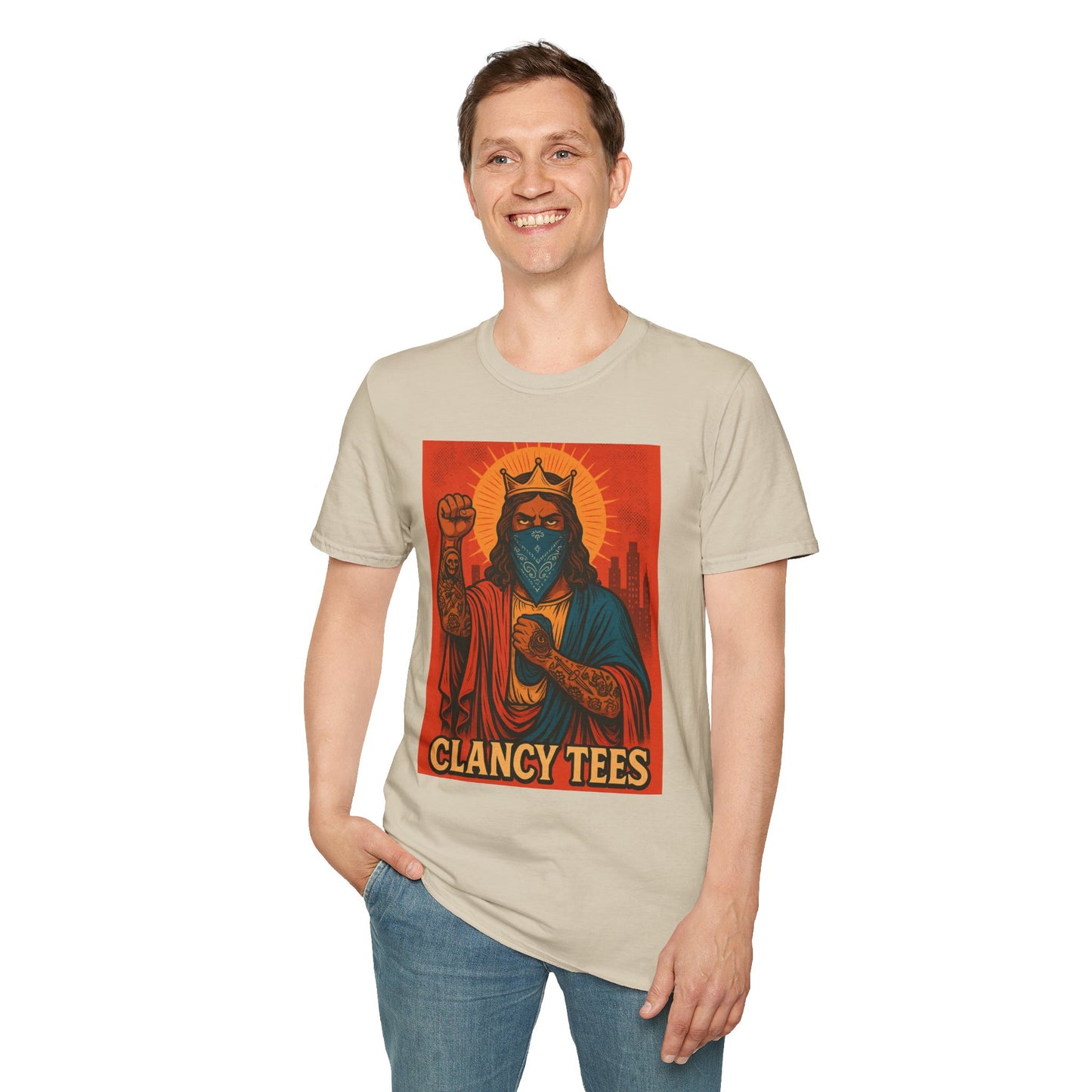 Tattooed Jesus Street Art Shirt – Clancy Tees | Urban Messiah Graphic Tee | Bold Religious Satire Shirt | King of the Block Tee