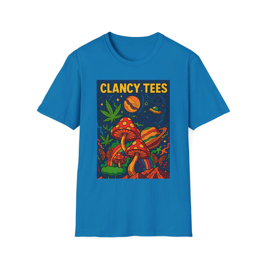 Trippy Mushroom Graphic T Shirt Psychedelic Space Art Tee Cosmic Fungi Illustration Unisex Softstyle Gift for Stoner Friends Gift for Psychedelic Fans