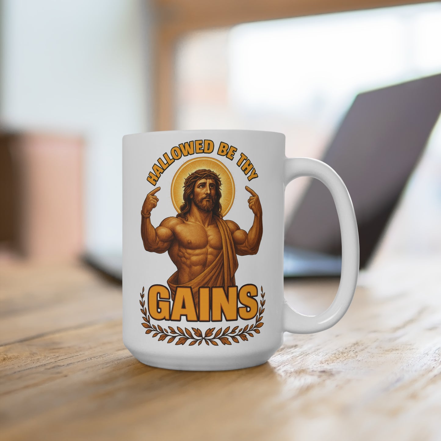 Hallowed Be Thy Gains Coffee Mug 15oz Funny Gym Mug Fitness Humor Ceramic Cup Religious Parody Drinkware Gift For Weightlifters ClancyTees