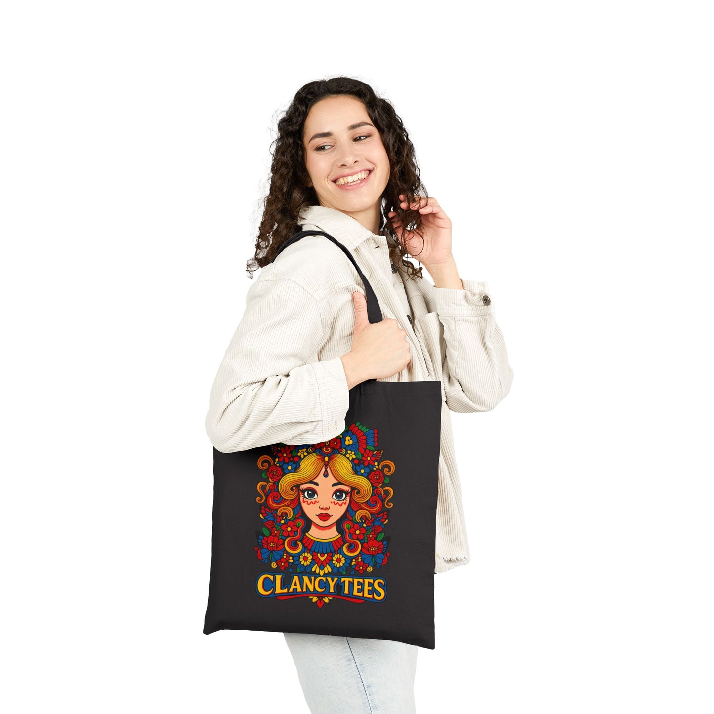 Psychedelic Art Tote Bag With Retro Floral Face Design Groovy Fashion Accessory Everyday Carry Bag Clancy Tees Artwork