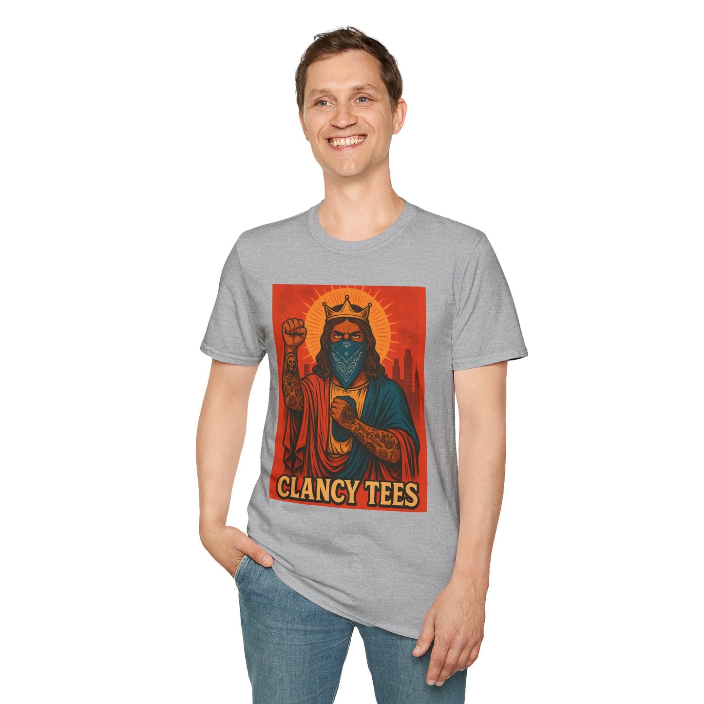 Tattooed Jesus Street Art Shirt – Clancy Tees | Urban Messiah Graphic Tee | Bold Religious Satire Shirt | King of the Block Tee